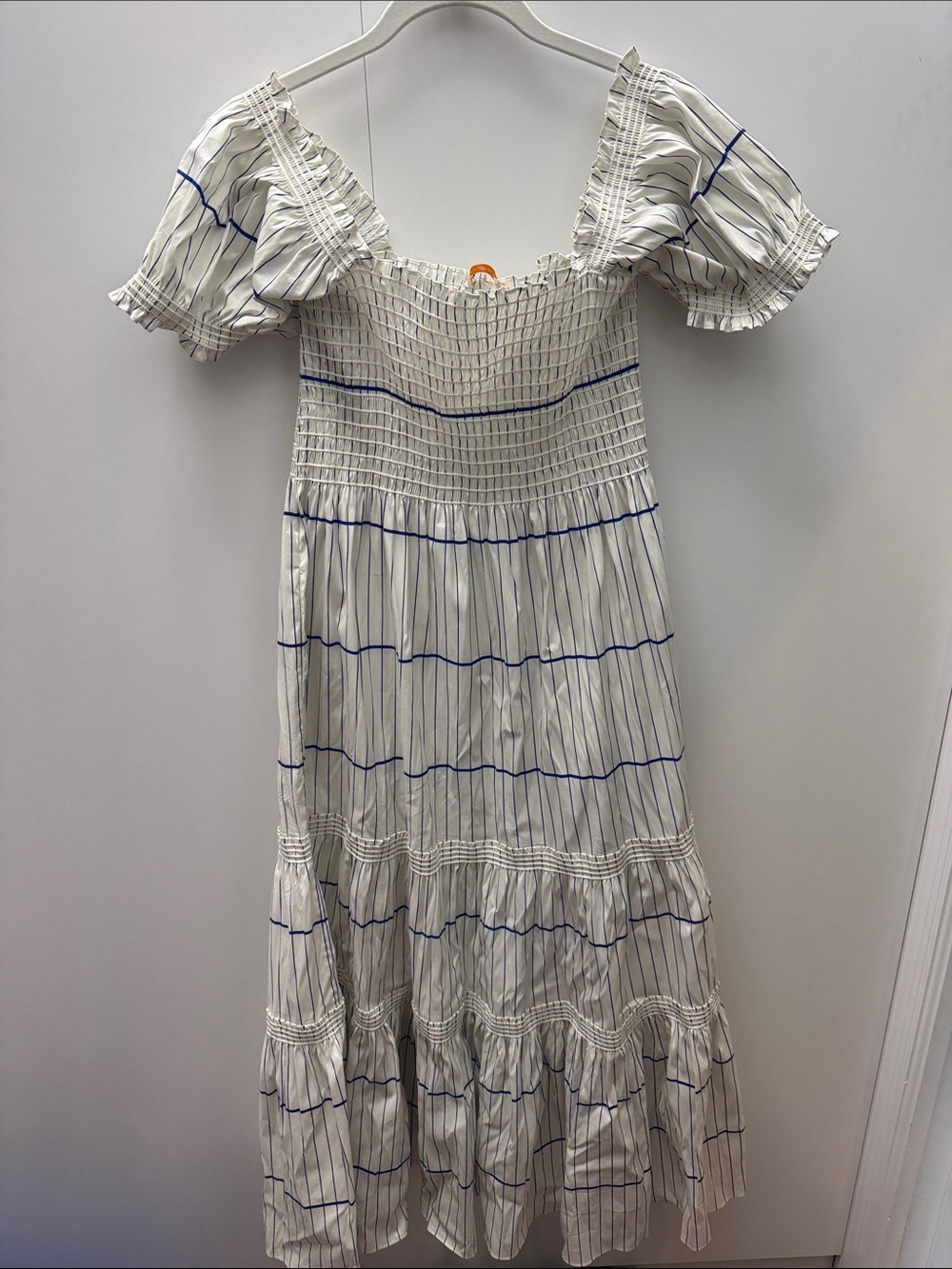 Tory Burch Cream and Blue Striped Smocked Midi Dress